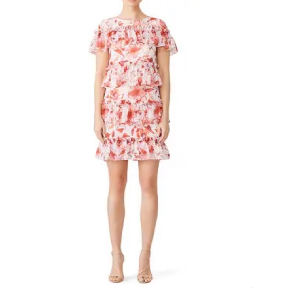 Badgley Mischka Tiered Ruffle Floral Pink Hibiscus Dress
